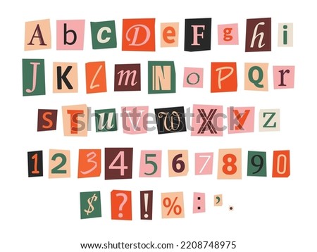 Vector ransom font in y2k style. Letters, numbers and punctuation marks cut-outs from newspaper or magazine. Criminal alphabet set. Retro ransom colorful text. Royalty-Free Stock Photo #2208748975