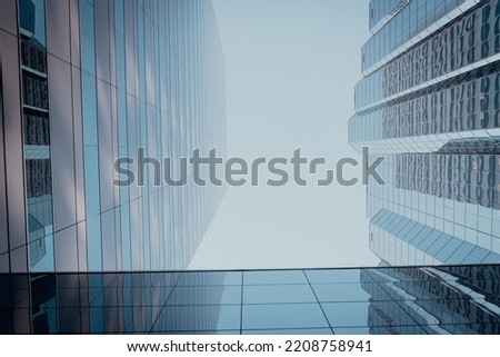 Toned photo lookup of skyscraper and cooperate office buildings in downtown Oklahoma City, USA under clear blue sky. Low angle view façade exterior of modern high rise towers