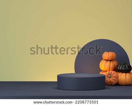 Halloween decorations on pastel color background. Podium or pedestal with pumpkins for products display or advertising for autumn holidays. 3d illustration for fall. 
