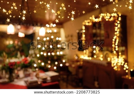 Blurred Living Room Scene with Starlight Lighting in Christmas Time
