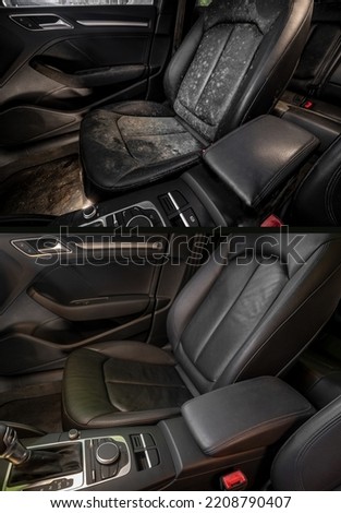 Before and after capital, detailed dry cleaning. Shine and purity. Car wash. Service. Luxury car inside. Interior of prestige modern car. Comfortable leather seats. Black leather. Dirt and fungus. Royalty-Free Stock Photo #2208790407