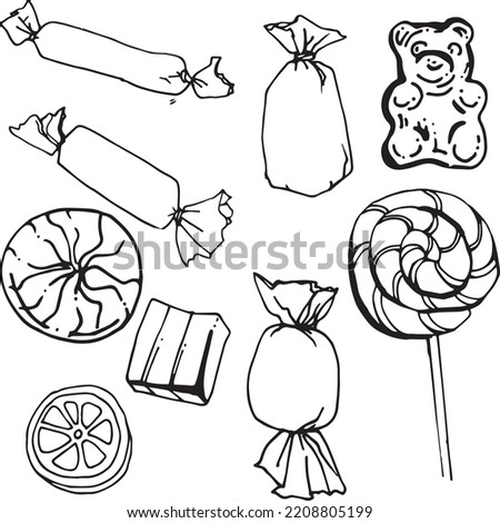 A graphic contour monochrome set of sweets and lollipops of different kinds. Vector image for scrapbooking, party decorations, holidays
