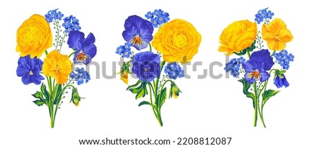 Vector realistic buttercups, pansies and forget-me-nots in botanical illustrations isolated on white background. Ready compositions for your design. Clipart for postcards, advertising banners 