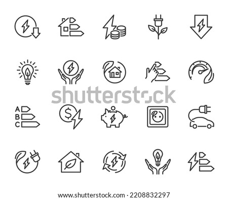 Vector set of energy saving line icons. Contains icons energy efficiency, power consumption, energy costs, green house, reduction consumption, electric car and more. Pixel perfect. Royalty-Free Stock Photo #2208832297
