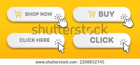 3d click here web buttons. Set of action button, hand cursor and arrow pointing click link buttons. Add to cart, shop now buttons. Online shopping icons for UI UX website, mobile app. Royalty-Free Stock Photo #2208832745