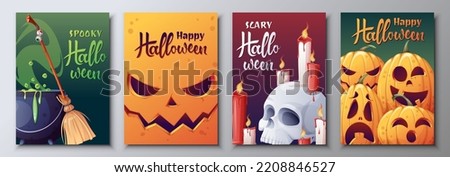 Set of vector postcards for Halloween. Witch's cauldron, scary pumpkins, broom, skull, candles. Illustration for greeting cards, invitations, banners, posters