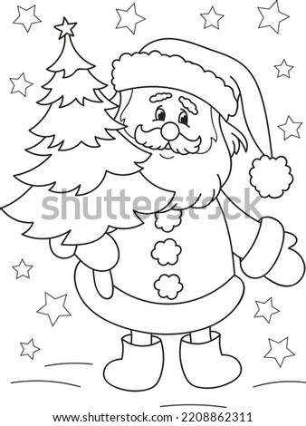 Coloring page outline of cartoon smiling cute Santa Claus with Christmas three. Colorful vector illustration, winters coloring book for kids. Royalty-Free Stock Photo #2208862311