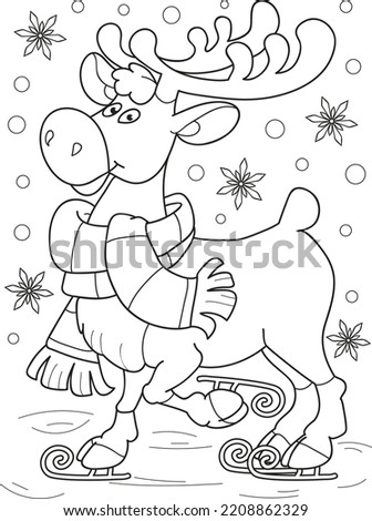 Coloring page outline of cartoon smiling cute deer. Colorful vector illustration, winters coloring book for kids. Royalty-Free Stock Photo #2208862329