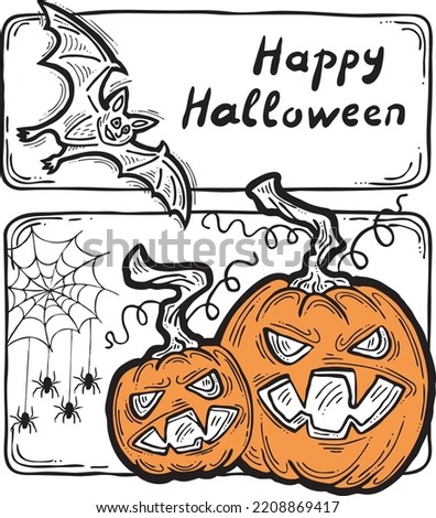 Halloween theme elements collection. Decorative template for poster print, greeting postcard, party invitation. Hand drawn comic style illustration. Cute and scary cartoon vector characters.