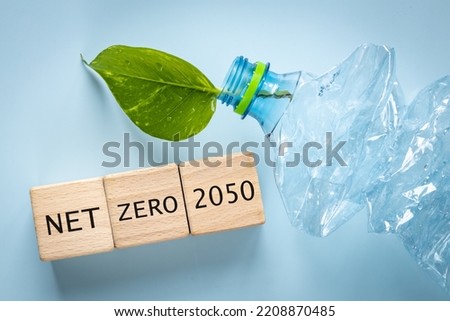 A crushed plastic bottle with a young green leaf growing out of it, wooden blocks with the words Net Zero 2050, Environmental concept, Reduction of greenhouse gas emissions and plastic recycling Royalty-Free Stock Photo #2208870485