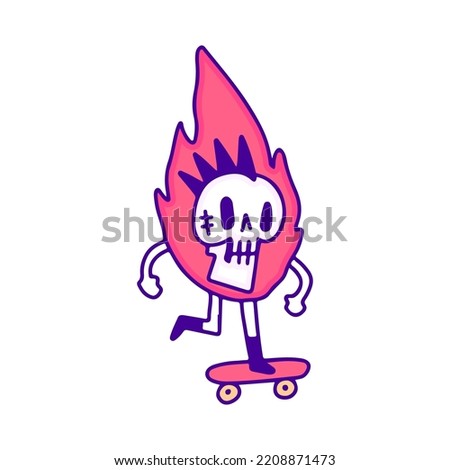 Cool punk skull on fire skateboarding doodle art, illustration for t-shirt, sticker, or apparel merchandise. With modern pop style.