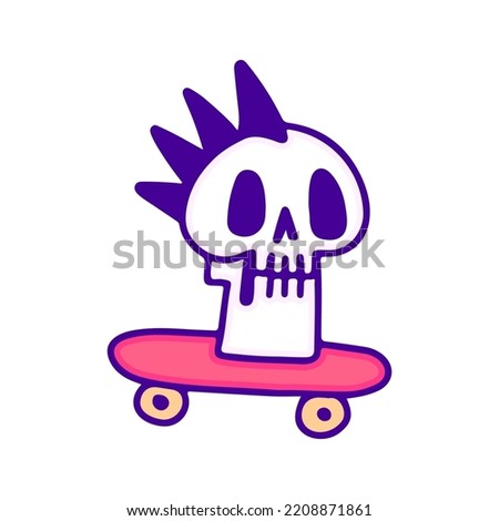 Cool punk skull head and skateboard doodle art, illustration for t-shirt, sticker, or apparel merchandise. With modern pop style.