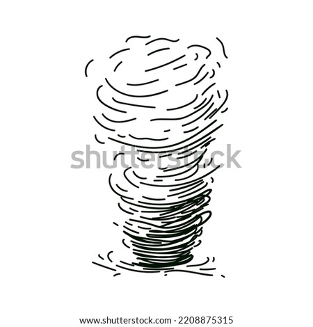Circle dust spin fast twirl blow eddy blizzard isolated on white sky backdrop. Freehand outline black ink hand drawn tornado sketch in art scribble on white background landscape.
