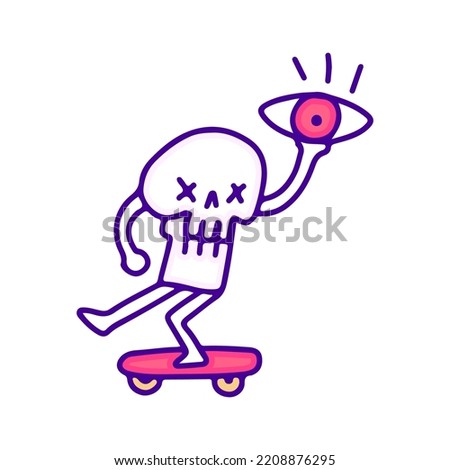 Funny skull holding eye riding skateboard doodle art, illustration for t-shirt, sticker, or apparel merchandise. With modern pop style.