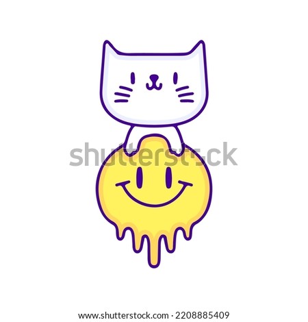 Kawaii cat with melted emoji face doodle art, illustration for t-shirt, sticker, or apparel merchandise. With modern pop style.