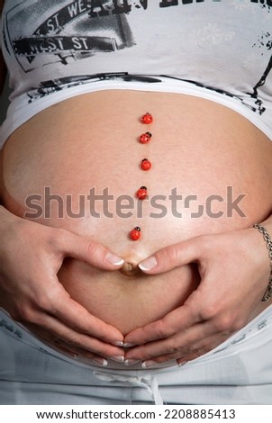 Pregnant woman loving her unborn baby. Pregnant Stomach and Newborn Baby Booties, Woman Showing Belly and New Born Boots, Pregnancy Concept