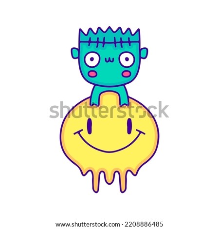 Cute little zombie with melted smile emoji face doodle art, illustration for t-shirt, sticker, or apparel merchandise. With modern pop style.