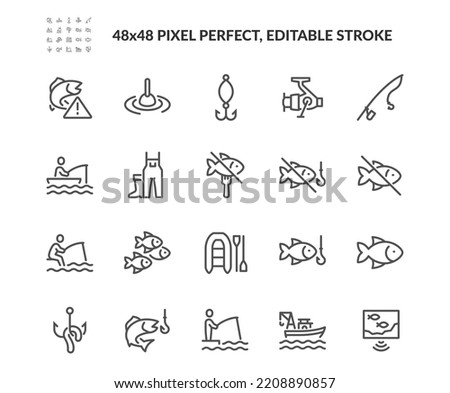 Simple Set of Fishing Related Vector Line Icons. 
Contains such Icons as Fisherman's equipment, Do not eat sign, Echo Sounder and more. Editable Stroke. 48x48 Pixel Perfect.