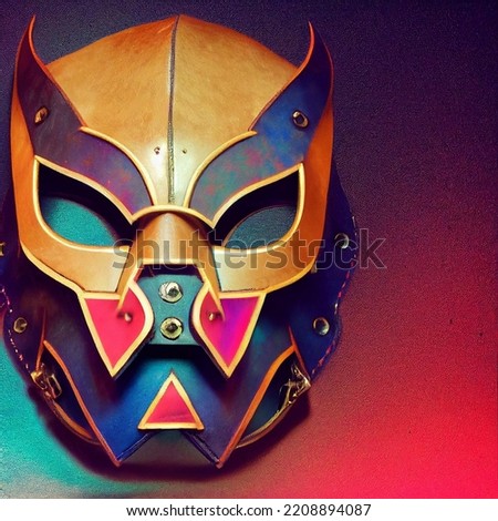 Akuma (devil) samurai mask. Multi color. Bushido Art. Full shot. Leather, metal and bone. Isolated. Royalty-Free Stock Photo #2208894087