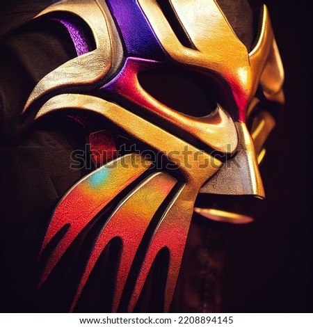 Akuma (devil) samurai mask. Multi color. Bushido Art. Full shot. Leather, metal and bone. Isolated. Royalty-Free Stock Photo #2208894145
