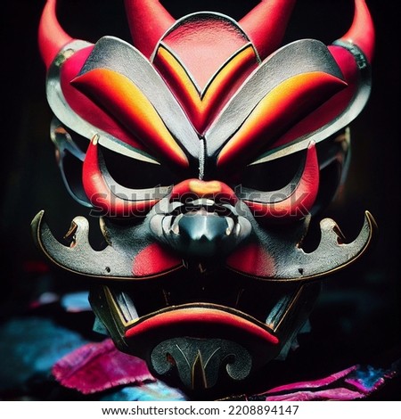 Akuma (devil) samurai mask. Multi color. Bushido Art. Full shot. Leather, metal and bone. Isolated. Royalty-Free Stock Photo #2208894147