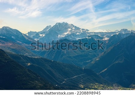 Picturesque panoramic view of Pennine Alps from Moosfluh summit, Bettmeralp, canton of Valais, Switzerland at sunny autumn day Royalty-Free Stock Photo #2208898945