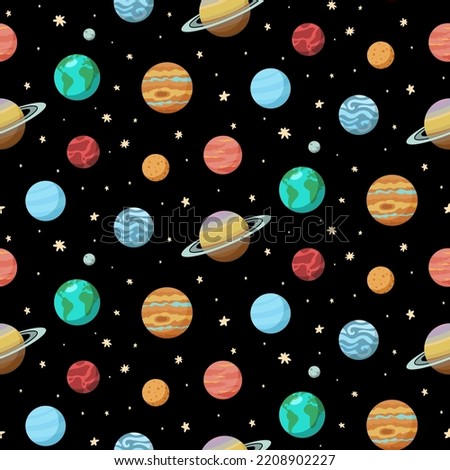 Solar System Planets Space Seamless Pattern. Backgroung for package, social media, textile, wallpaper, wrapping paper