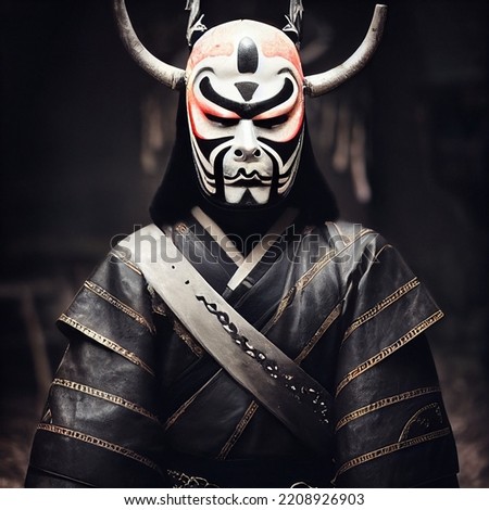 Oni Samurai Mask. Japanese Bushido Art. Oni are yōkai, supernatural ogre, trolls in Japanese folklore Royalty-Free Stock Photo #2208926903