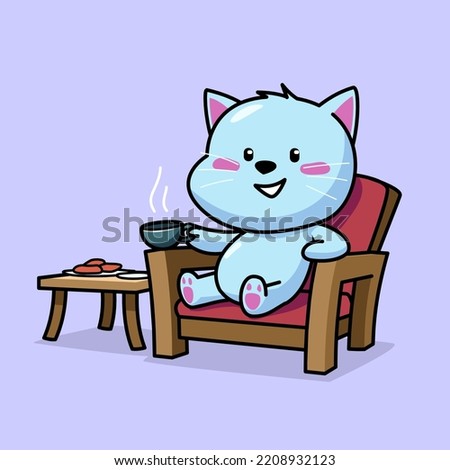 Cartoon illustration of cute cat sitting in the chair while holding a tea cup