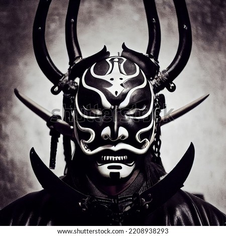 Oni Samurai Mask. Japanese Bushido Art. Oni are yōkai, supernatural ogre, trolls in Japanese folklore Royalty-Free Stock Photo #2208938293