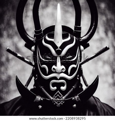 Oni Samurai Mask. Japanese Bushido Art. Oni are yōkai, supernatural ogre, trolls in Japanese folklore Royalty-Free Stock Photo #2208938295