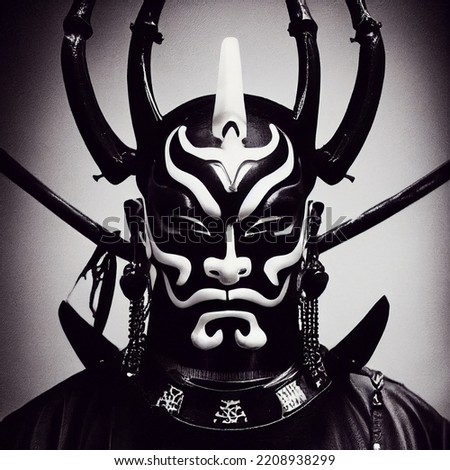 Oni Samurai Mask. Japanese Bushido Art. Oni are yōkai, supernatural ogre, trolls in Japanese folklore Royalty-Free Stock Photo #2208938299