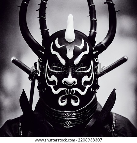 Oni Samurai Mask. Japanese Bushido Art. Oni are yōkai, supernatural ogre, trolls in Japanese folklore Royalty-Free Stock Photo #2208938307