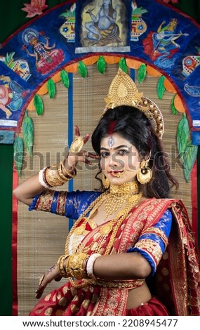 Durga Puja Look Photo-shoot based on agomoni Festival with ethnic look.like A face of Hindu goddess Durga. Happy Navratri, Durga Pooja, Maa Durga, Indian Hindu Celebration