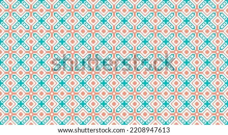 Repeating cyan and orange woven pattern. Pixel art pattern and background