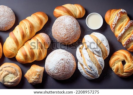 Bakery various kinds of breadstuff. Bread rolls, baguette, bagel, sweet bun and croissant.