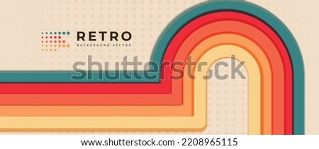 Abstract colorful 70s background vector. Vintage retro style wallpaper with rainbow stripes, curved lines, dot. 1970 color illustration design suitable for poster, banner, decorative, wall art.