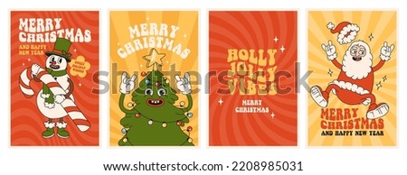 Merry Christmas and Happy New year. Santa Claus, Christmas tree, snowman, holly jolly vibes in trendy retro cartoon style. Greeting cards, template, posters, prints and backgrounds. Royalty-Free Stock Photo #2208985031