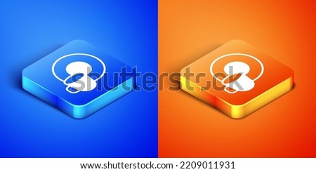Isometric Washing dishes icon isolated on blue and orange background. Cleaning dishes icon. Dishwasher sign. Clean tableware sign. Square button. Vector