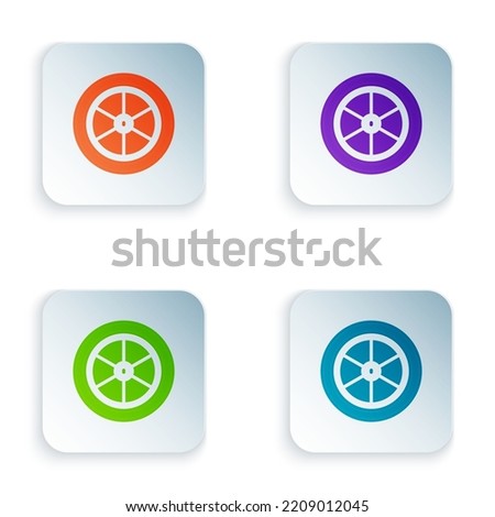 Color Bicycle wheel icon isolated on white background. Bike race. Extreme sport. Sport equipment. Set colorful icons in square buttons. Vector