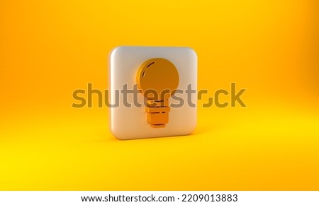 Gold Light bulb with concept of idea icon isolated on yellow background. Energy and idea symbol. Inspiration concept. Silver square button. 3D render illustration.
