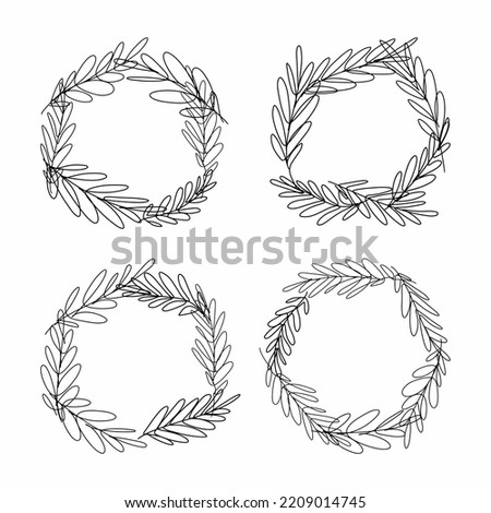 Vector set of wreaths of leaves and branches, hand-drawn in the style of doodles	
