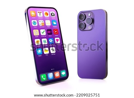 Mobile phone isolated on white background, front view with sample app icons home on screen and back view with camera lenses