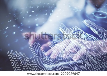 High tech city drawing with businessman working on computer on background. Smartcity concept. Double exposure.