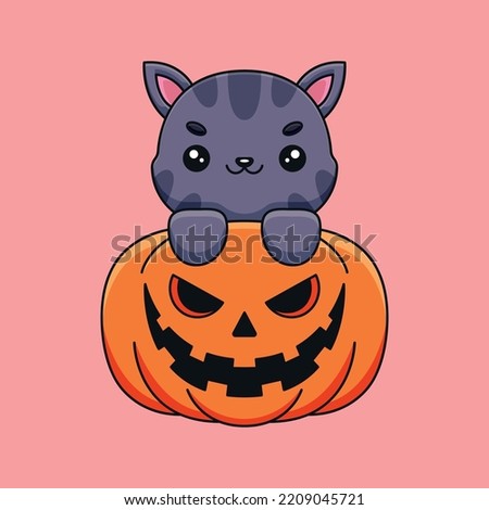 cute pumpkin cat halloween cartoon mascot doodle art hand drawn concept vector kawaii icon illustration