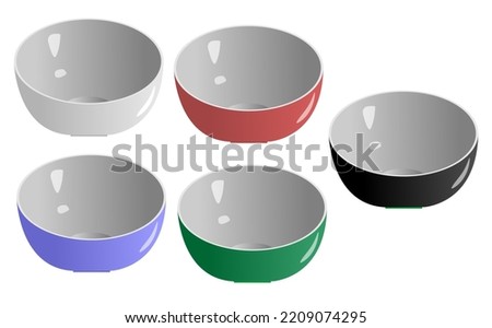 illustration of a set of bowls consisting of red, blue, black, green, and gray