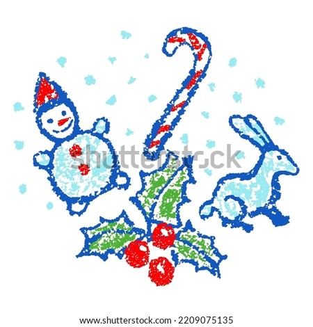 Like child hand drawing christmas set. Snowman, candy, rabbit, bunny, snow cartoon clip art. Crayon, pastel chalk, pencil kid painting flat funny doodle simple stroke. Vector collection