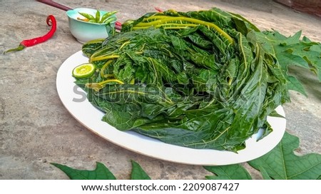 Boiled papaya leaves on a plate and raw ones, in Indonesia usually served with chili sauce as fresh vegetables,papaya leaves contain lots of vitamins and fiber,so they are very beneficial for health