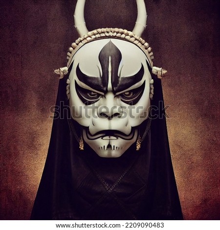 Oni Samurai Mask. Japanese Bushido Art. Oni are yōkai, supernatural ogre, trolls in Japanese folklore Royalty-Free Stock Photo #2209090483