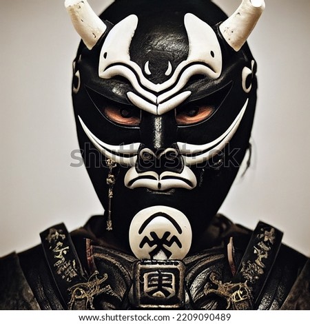 Oni Samurai Mask. Japanese Bushido Art. Oni are yōkai, supernatural ogre, trolls in Japanese folklore Royalty-Free Stock Photo #2209090489